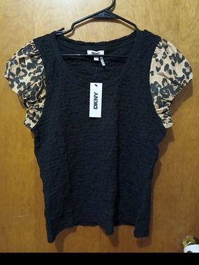 DKNY Black Tee with Leopard-Print Puff Sleeves